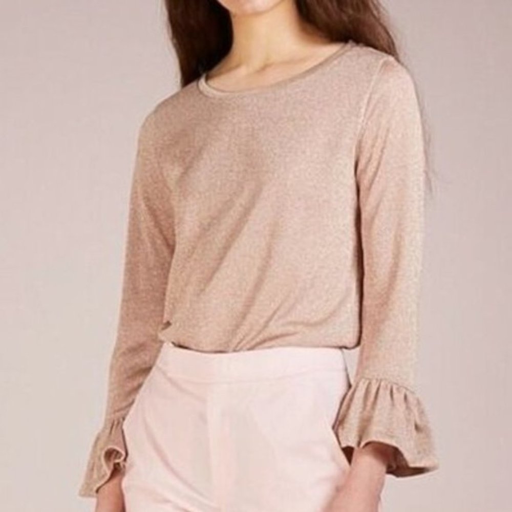 NWT J. CREW | Shimmer Sparkle Ruffle Bell Sleeve Nude Gold Blouse Top Shirt